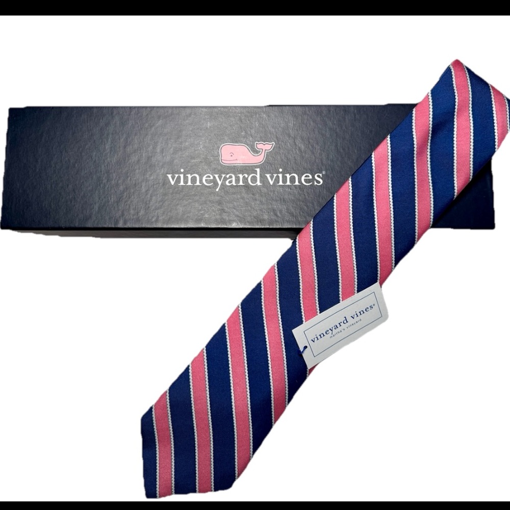 NWT Vineyard Vines Mens 100% Silk Tie Made in USA Blue Pink Rope Rep Striped 58” - Picture 1 of 10